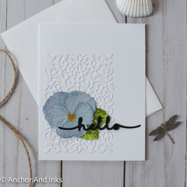 A "just because" card to say "hello" featuring a single blue pansy