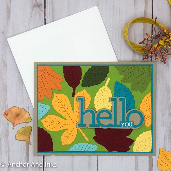 just because card with colorful fall leaf background with "hello you" sentiment
