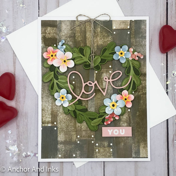 Love You boxwood heart wreath with forget me not flowers card