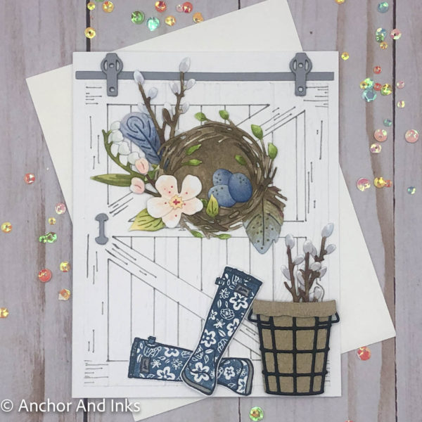 barn door with bird's nest wreath and blue flowered boots greeting card