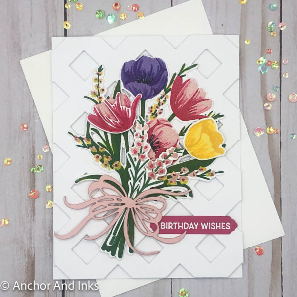 bouquet of tulips on a lattice background birthday greeting card