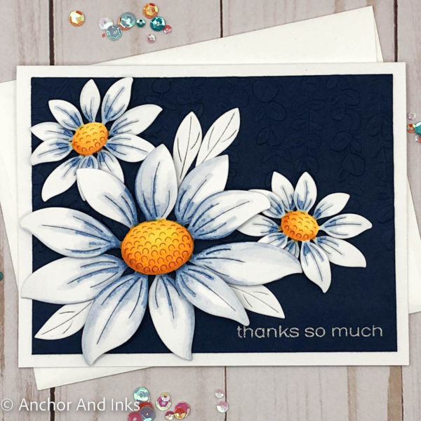navy and white thank you card with large 3d daisy and 2 smaller 3d daisies