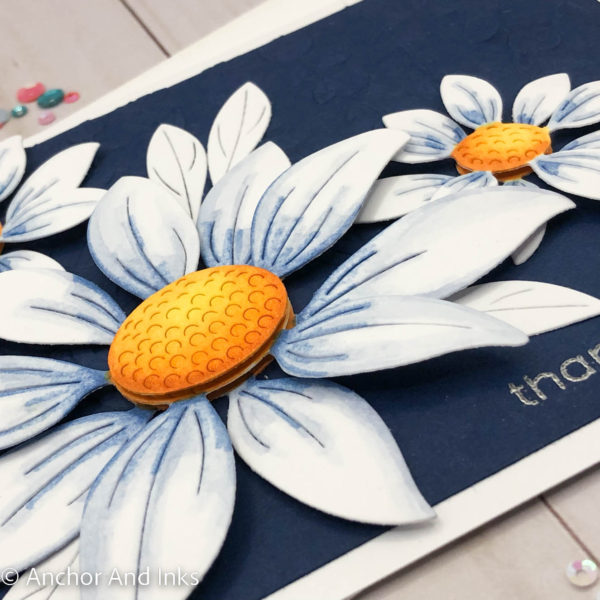 navy and white thank you card with 3d daisies side view