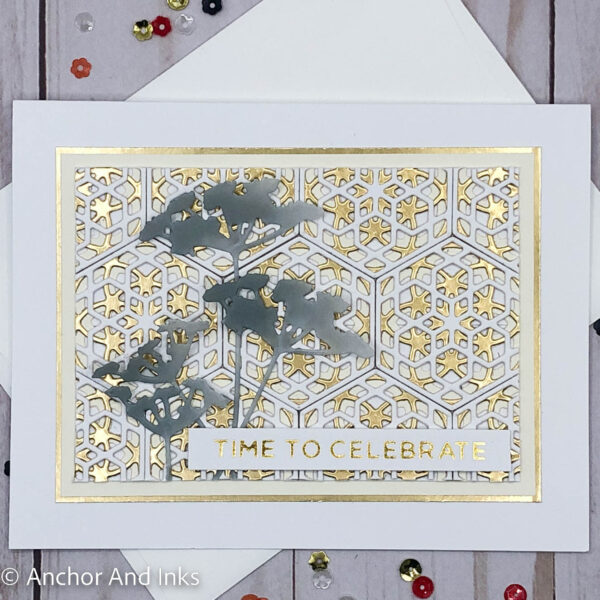 gold, white and cream celebrate card with blue/grey vellum flower accent