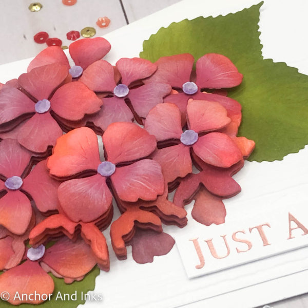 Fall-colored 3D Hydrangea flower note card side view