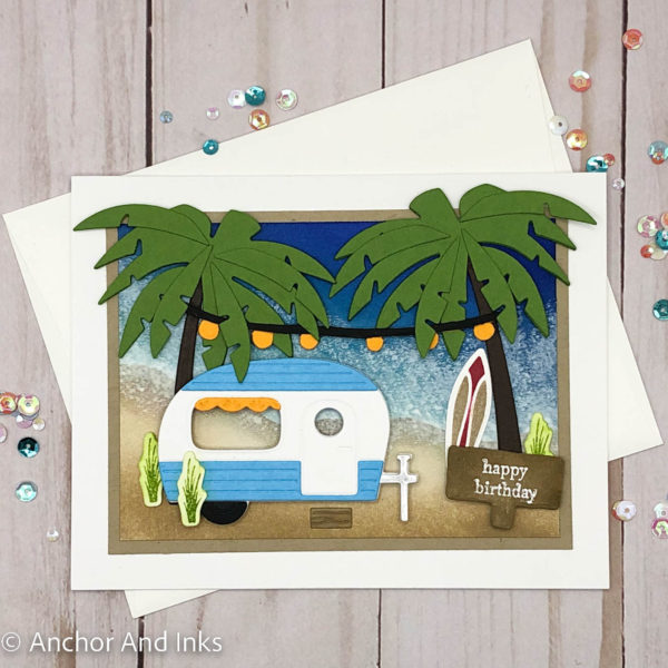 a birthday card with an airstream trailer and palm trees at the beach