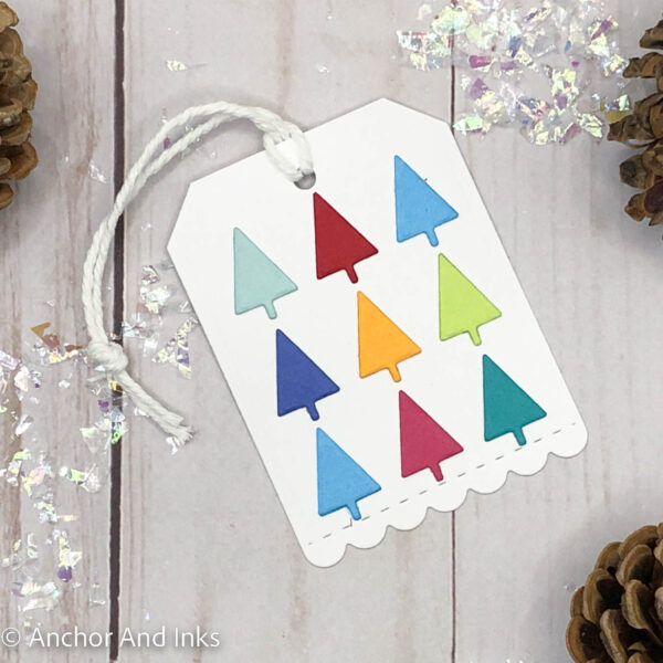 brightly colored Christmas tree gift tag