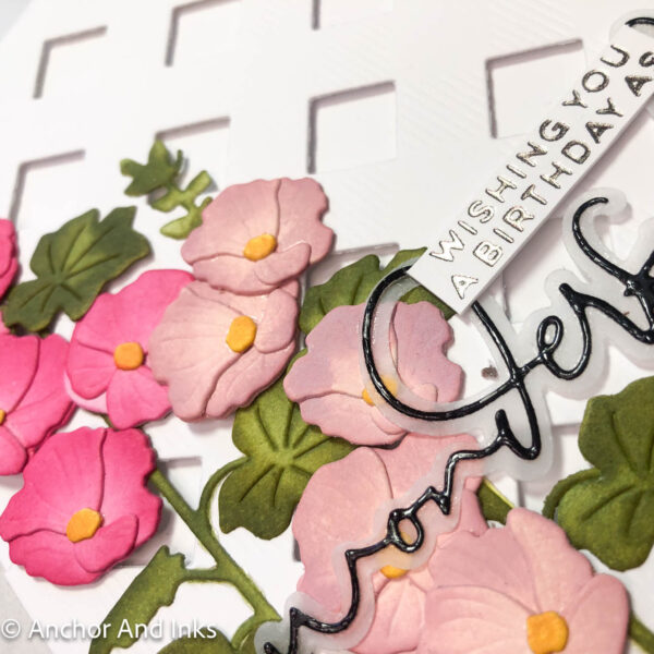 hollyhock lattice birthday card up close