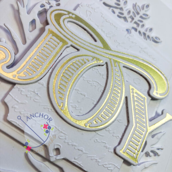 joy gold foiled holiday card up close