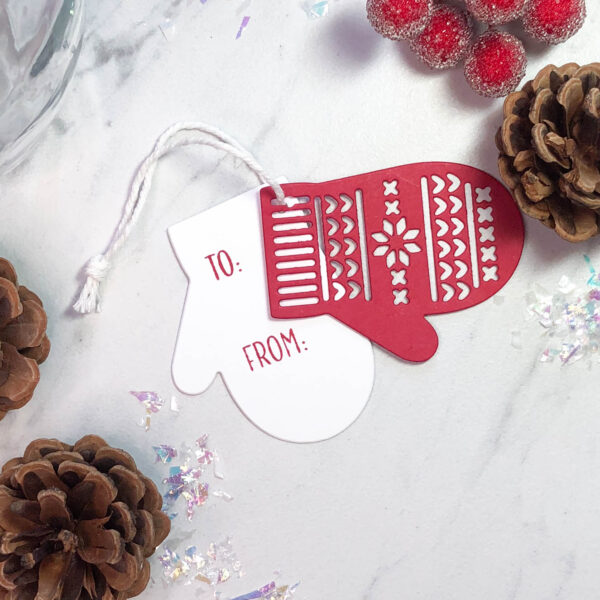 Red mitten gift tag inside