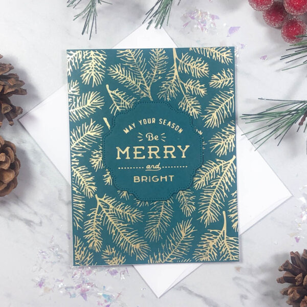 merry & bright gold foiled pine boughs card