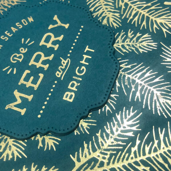 merry & bright gold foiled pine boughs card