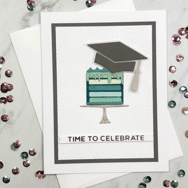 mocha mortar board balanced on shades of teal layer cake graduation card