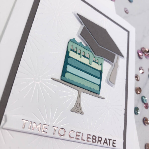mocha mortar board balanced on shades of teal layer cake graduation card