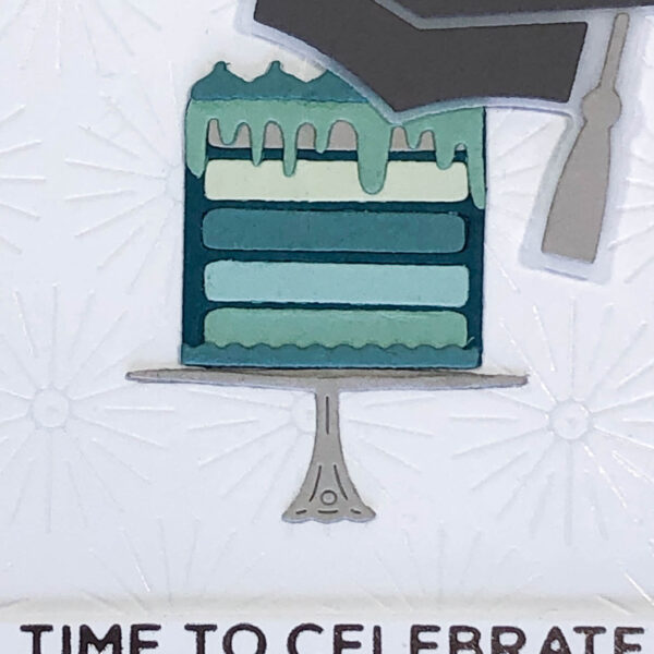 mocha mortar board balanced on shades of teal layer cake graduation card